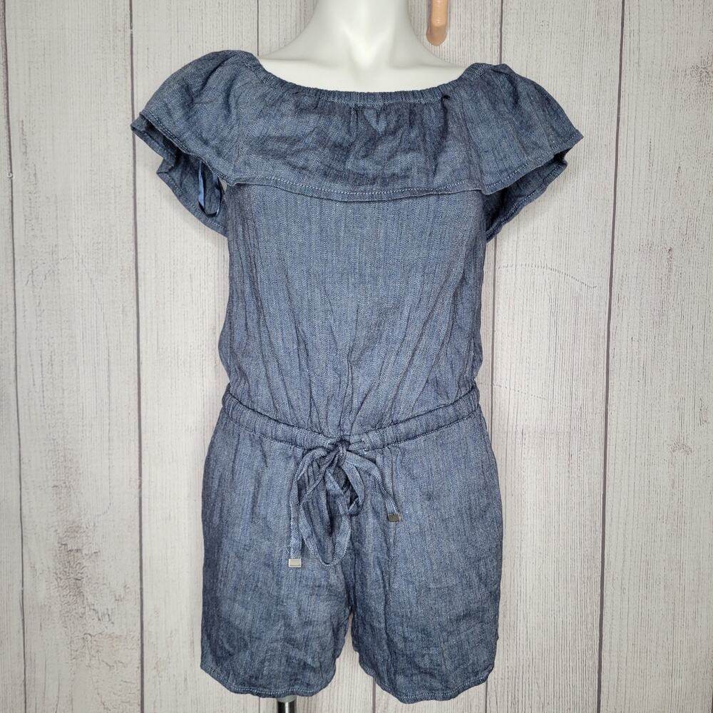 Loft NWT Blue Chambray Ruffled Romper Off The Shoulder Womens Size Small